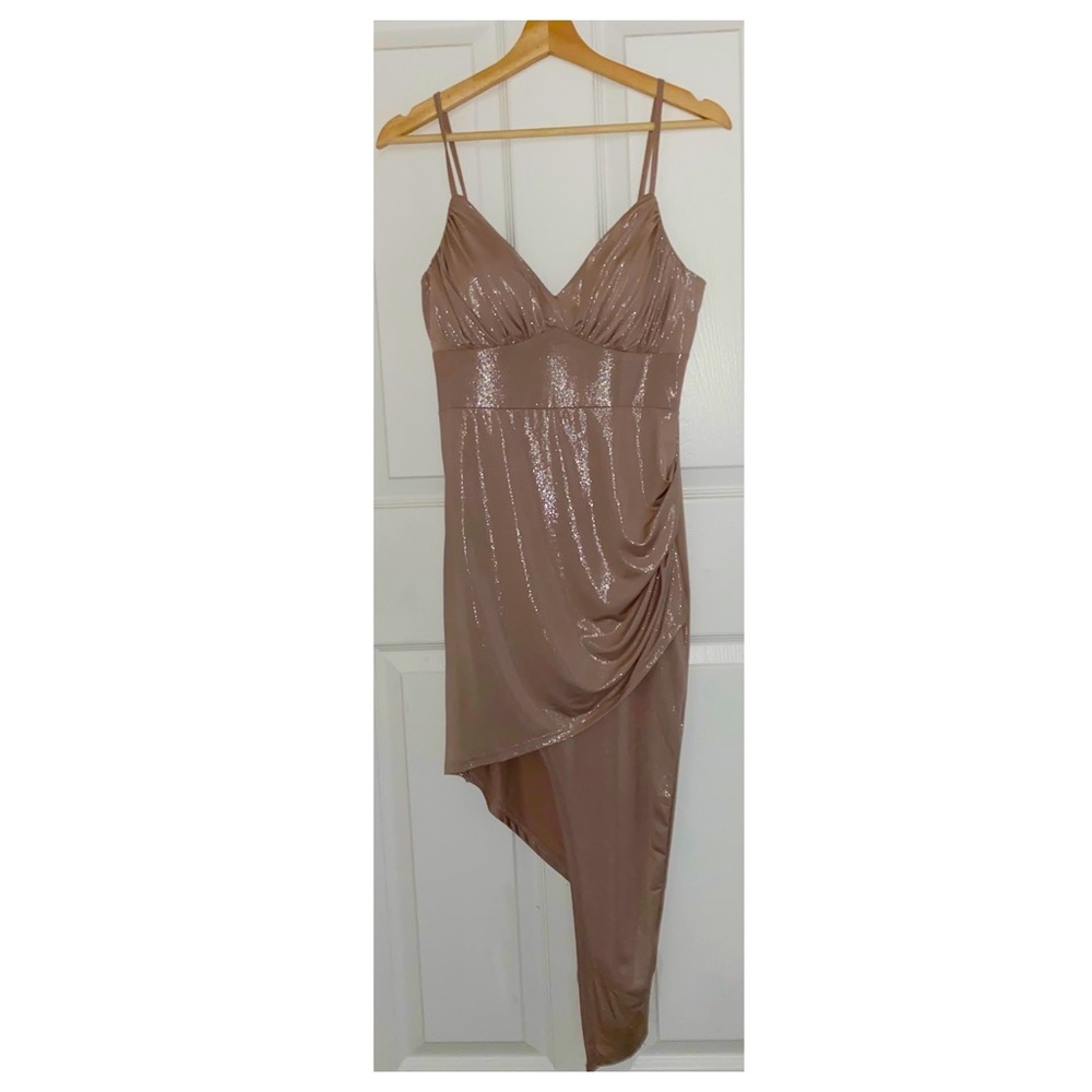 Rose gold nude pink taupe high low slinky dress